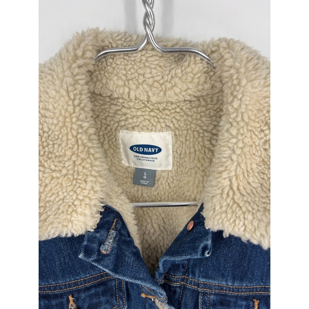 Old Navy Jacket Womens L Blue Denim Jean Sherpa Lined Trucker - Picture 3 of 8